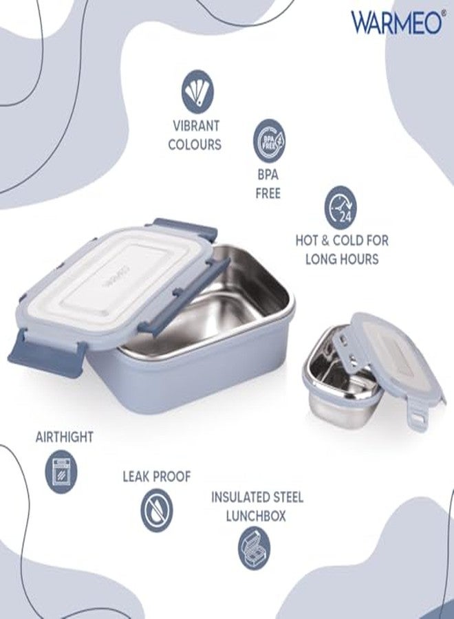 WARMEO علبة طعام وارميو ديلايت المعزولة المصنوعة من الفولاذ المقاوم للصدأ، محكمة الإغلاق، مانعة للتسرب، مزودة بغطاء بمشبك قفل، خفيفة الوزن، سهلة التنظيف، مثالية للمكتب والمدرسة والنزهات والسفر، عبوة مزدوجة (800 مل + 150 مل)، أزرق ورمادي - Image 3